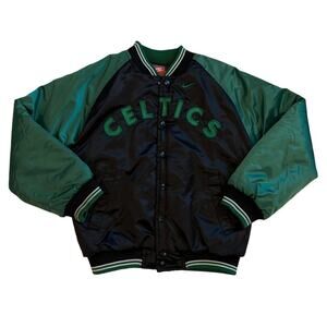 Vtg Nike Boston Celtics Bomber Varsity Satin Jacket Youth Medium Green Y2K *READ